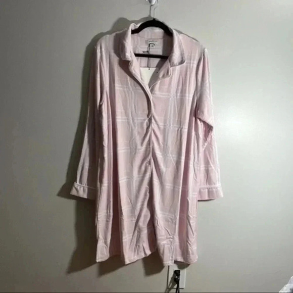 Anne Klein long sleeve notch plaid sleep shirt Pink medium - Picture 3 of 7